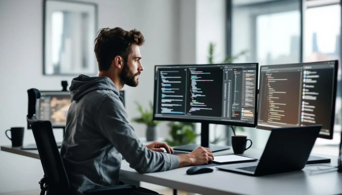 Un designer travaille sur une interface web moderne, entouré de plusieurs écrans affichant des outils de design et des éléments de mise en page pour un site internet. L'environnement reflète un mélange de créativité et de technologie, essentiel pour la conception d'une expérience utilisateur optimale.
