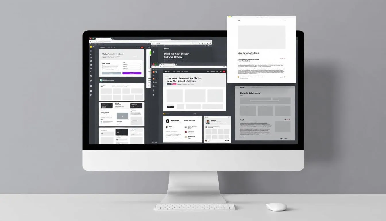 L'image montre un écran d'ordinateur affichant plusieurs maquettes de sites web en cours de création, illustrant différentes mises en page et designs pour des projets de web design. Ces créations mettent en avant les fonctionnalités et l'interface des futurs sites internet, reflétant l'expertise des designers dans le secteur.