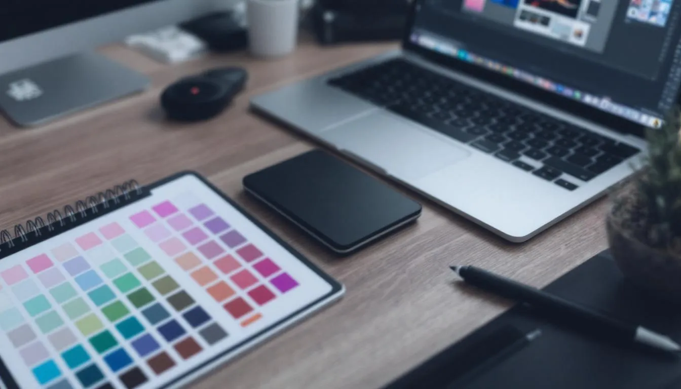Un bureau de designer est présenté, avec un ordinateur portable ouvert, une tablette graphique et un nuancier de couleurs à proximité, symbolisant l'univers du design web et la création de sites internet. L'espace reflète un environnement créatif, idéal pour le développement de projets numériques.
